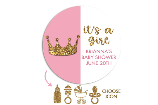It's A Girl Baby Shower Sticker Favors, Personalized Baby Crown Favors Labels, Baby Shower Pacifier Gold Glitter Favor Ideas