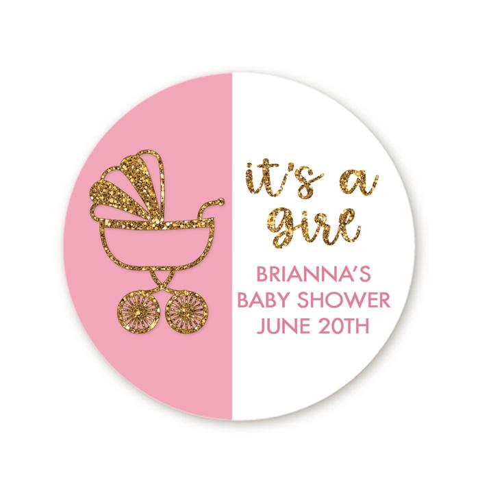It's A Girl Baby Shower Sticker Favors, Personalized Baby Crown Favors Labels, Baby Shower Pacifier Gold Glitter Favor Ideas