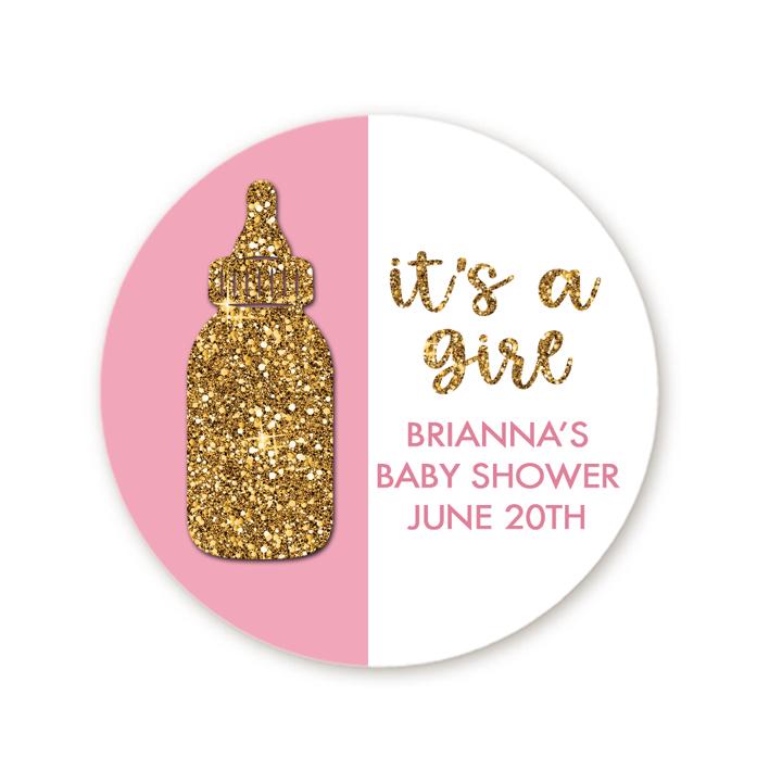 It's A Girl Baby Shower Sticker Favors, Personalized Baby Crown Favors Labels, Baby Shower Pacifier Gold Glitter Favor Ideas