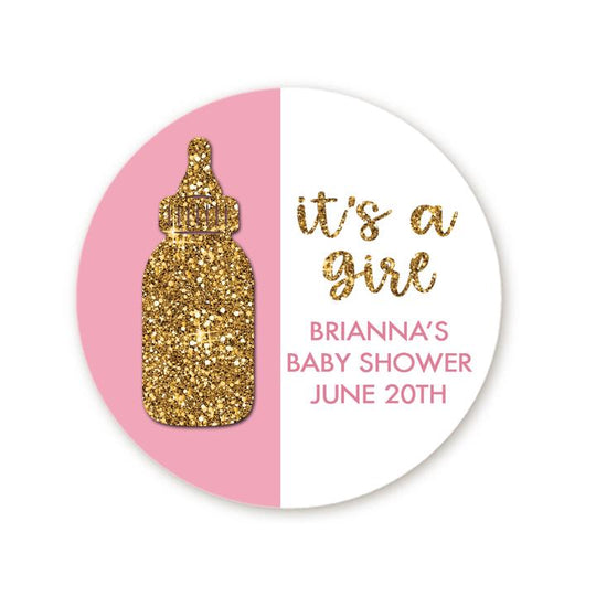 It's A Girl Baby Shower Sticker Favors, Personalized Baby Crown Favors Labels, Baby Shower Pacifier Gold Glitter Favor Ideas