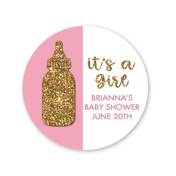 It's A Girl Baby Shower Sticker Favors, Personalized Baby Crown Favors Labels, Baby Shower Pacifier Gold Glitter Favor Ideas