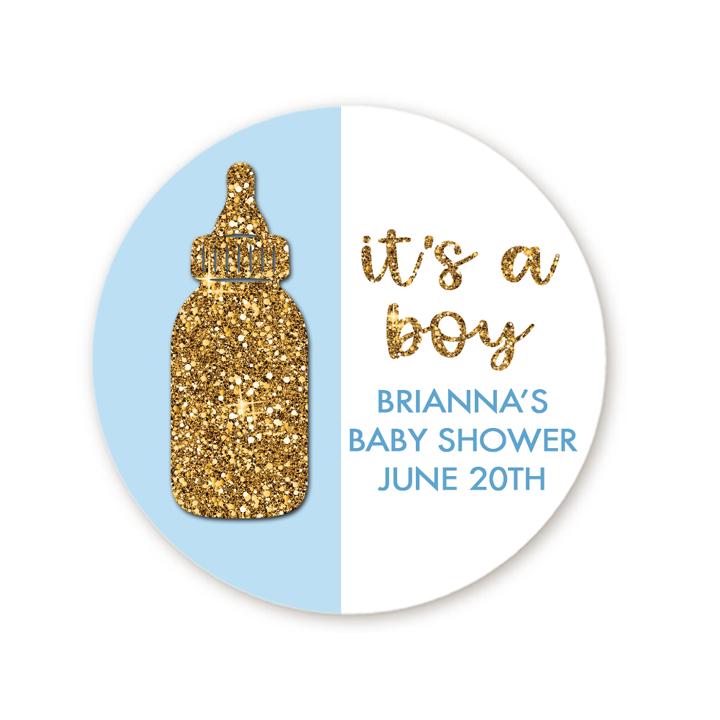 It's A Boy Baby Shower Sticker Favors, Personalized Baby Crown Favors Labels, Baby Shower Pacifier Gold Glitter Favor Ideas