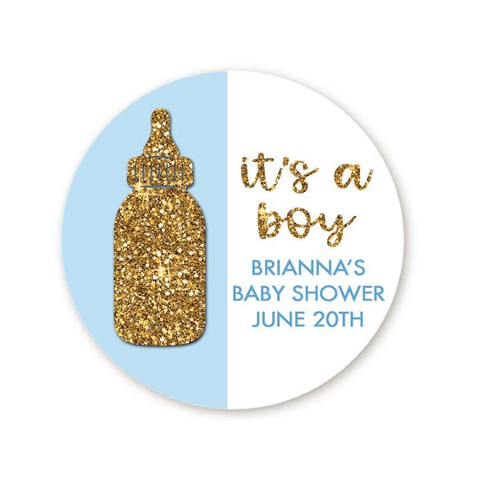 It's A Boy Baby Shower Sticker Favors, Personalized Baby Crown Favors Labels, Baby Shower Pacifier Gold Glitter Favor Ideas