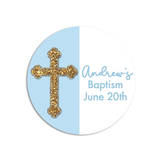 Cross Glitter Blue Baptism Stickers, Boy Baptism Favors, Religious Thank You for Coming Favors, Communion Stickers, and Christening Supplies