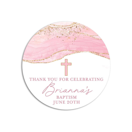 Cross Pink & Gold Baptism Stickers, Girl Baptism Favors, Religious Thank You for Coming Favors, Communion Stickers, and Christening Supplies