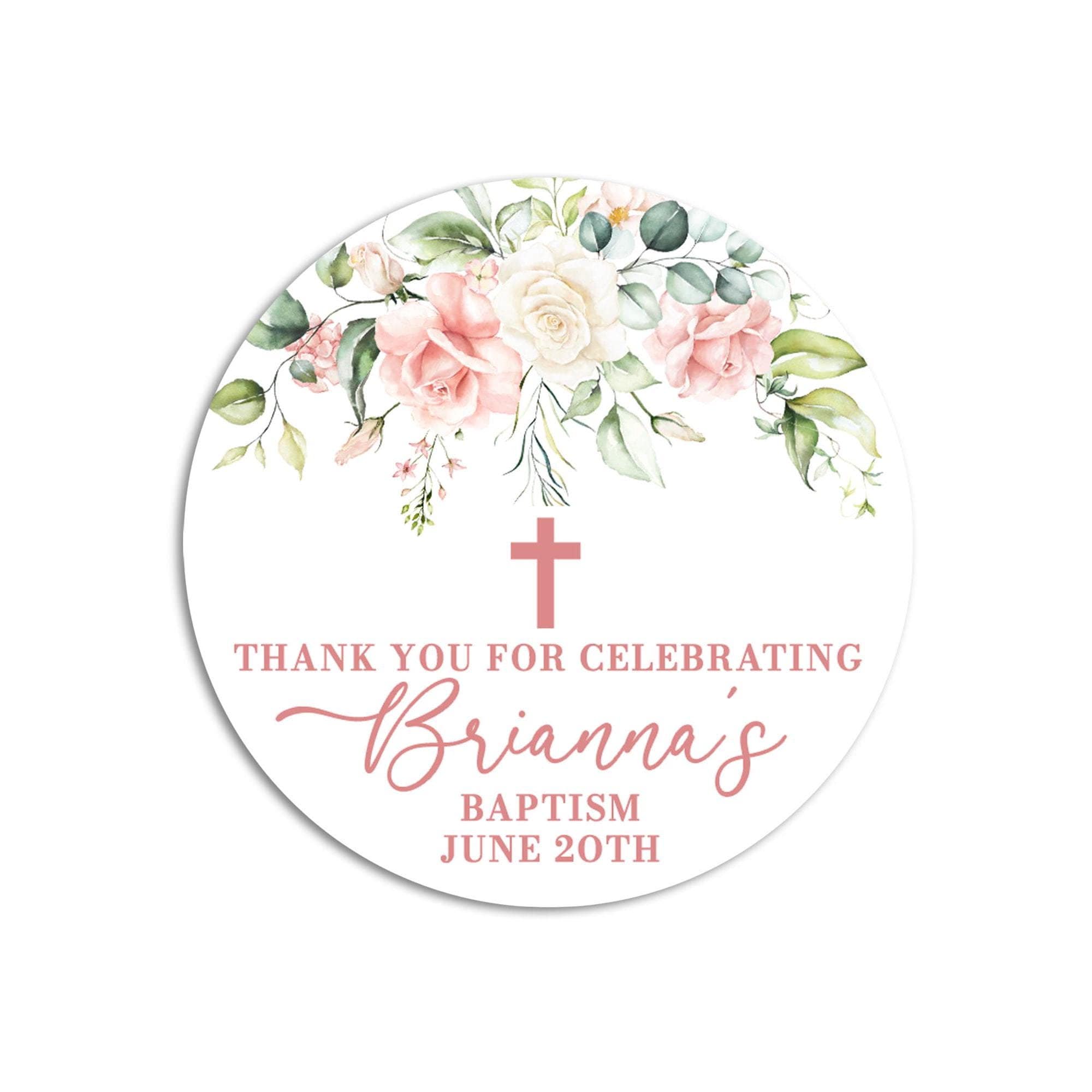Cross Pink Greenery Baptism Stickers, Girl Baptism Favors, Religious Thank You for Coming Favors, Communion Stickers, Christening Supplies