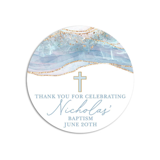 Cross Blue & Gold Baptism Stickers, Boy Baptism Favors, Religious Thank You for Coming Favors, Communion Stickers, and Christening Supplies