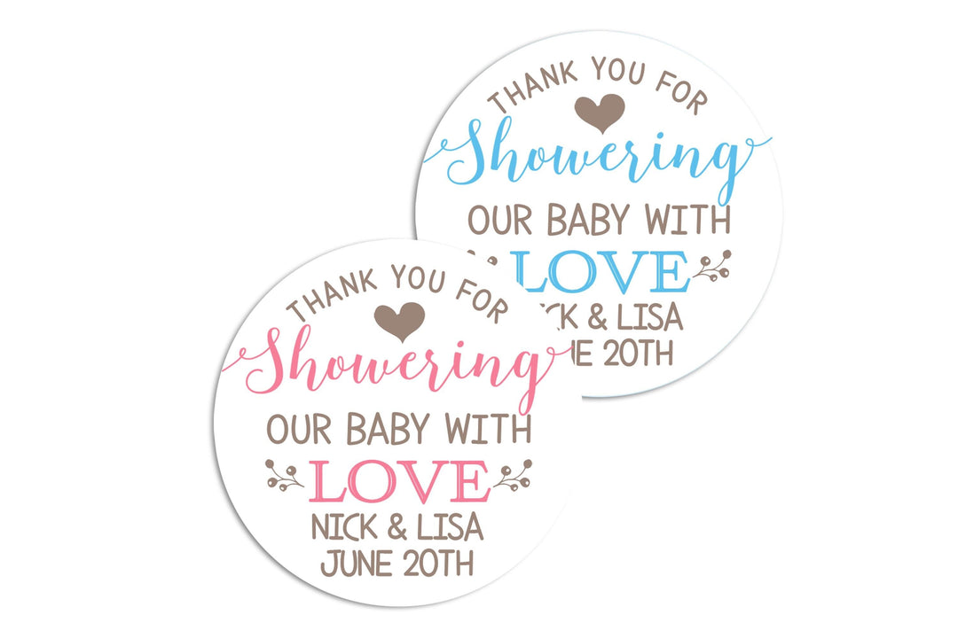 Thank You For Showering Our Baby With Love Personalized Round Baby Shower Sticker Labels -Showering Baby With Love Round Labels