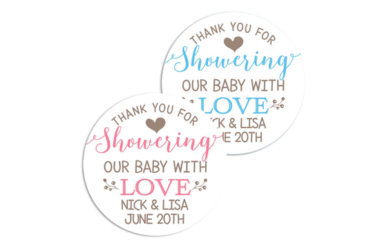 Thank You For Showering Our Baby With Love Personalized Round Baby Shower Sticker Labels -Showering Baby With Love Round Labels
