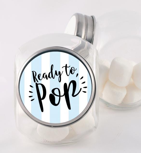 Ready To Pop Blue Popcorn Stickers for Baby Shower, Thank You Stickers Baby Boy Shower Favors, About To Pop Party, Round Stickers for Favor