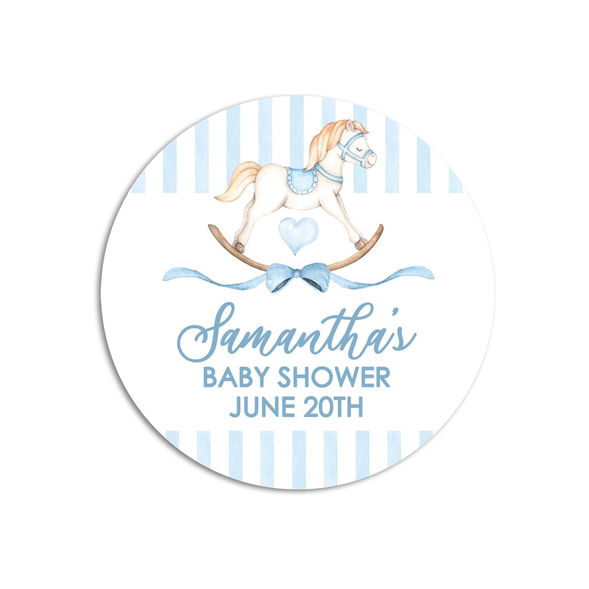Rocking Horse Baby Shower Stickers, Blue Stripes Baby Shower Stickers, Watercolor Round Stickers for Favors, Round Labels