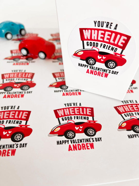 You're a wheelie good friend Valentines Day Stickers - Personalized Valentine Round Sticker Labels - Classroom Valentines for School