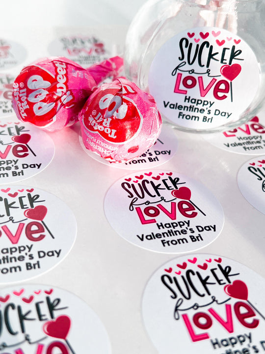 Sucker For You Valentines - Personalized Valentine Round Sticker Labels - Classroom Valentines for School