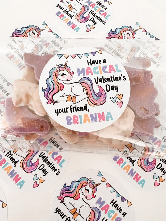 Magical Unicorn Valentines Day Stickers - Personalized Unicorn Valentine Round Sticker Labels - Classroom Valentines for School