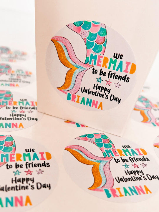 Mermaid Tale Valentines Day Stickers - Personalized Mermaid Valentine Round Sticker Labels - Classroom Valentines for School -