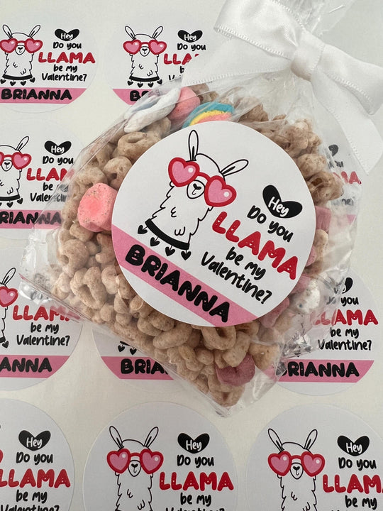Llama Valentines Day Stickers - Personalized Llama Pink Valentine Round Sticker Labels - Classroom Valentines for School