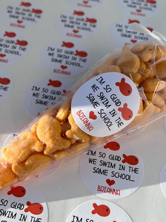 So Glad We Swim In The Same School Goldfish - Personalized Valentine Round Sticker Labels - Classroom Valentines for School