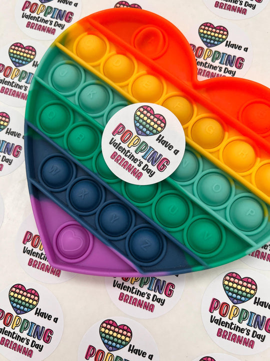 Pop It kids Valentines Day Stickers - Personalized Rainbow Pop It Valentine Round Sticker Labels - Classroom Valentines for School