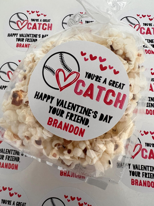 Baseball Valentines Day Stickers - Personalized Valentine Round Sticker Labels - Classroom Valentines for School - Valentines Exchange