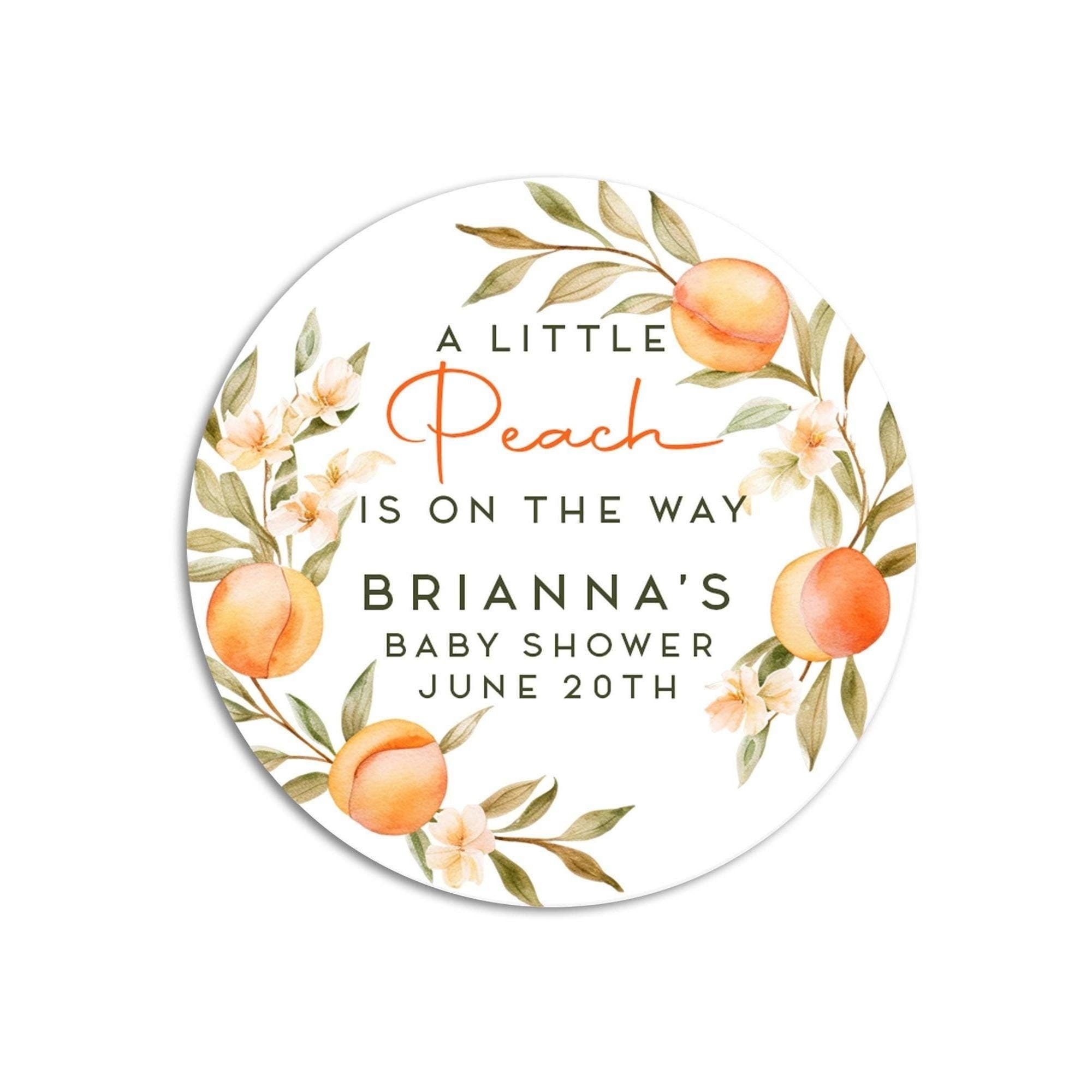 A Little Peach On The Way Sticker, Peach Personalized Favor Labels Baby Shower Stickers, Thank You for Coming, Printed Baby Shower Favors