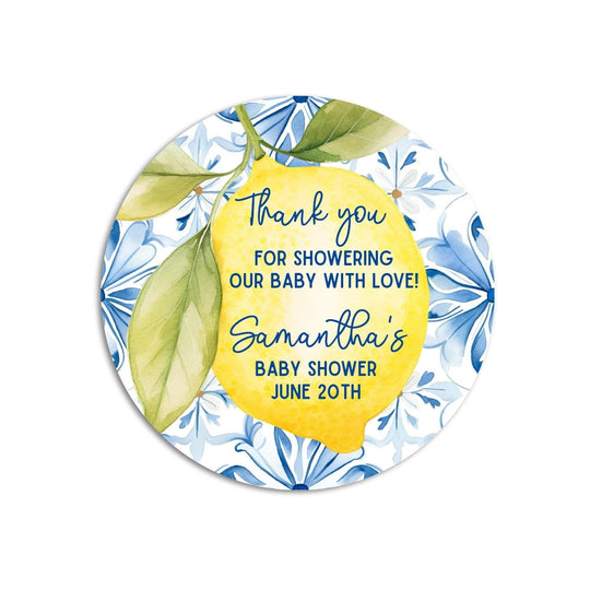 Lemon Citrus with blue tiles Baby Shower Round Stickers, Mediterranean shower decor, Baby Shower Stickers, Thank You for Showering With Love