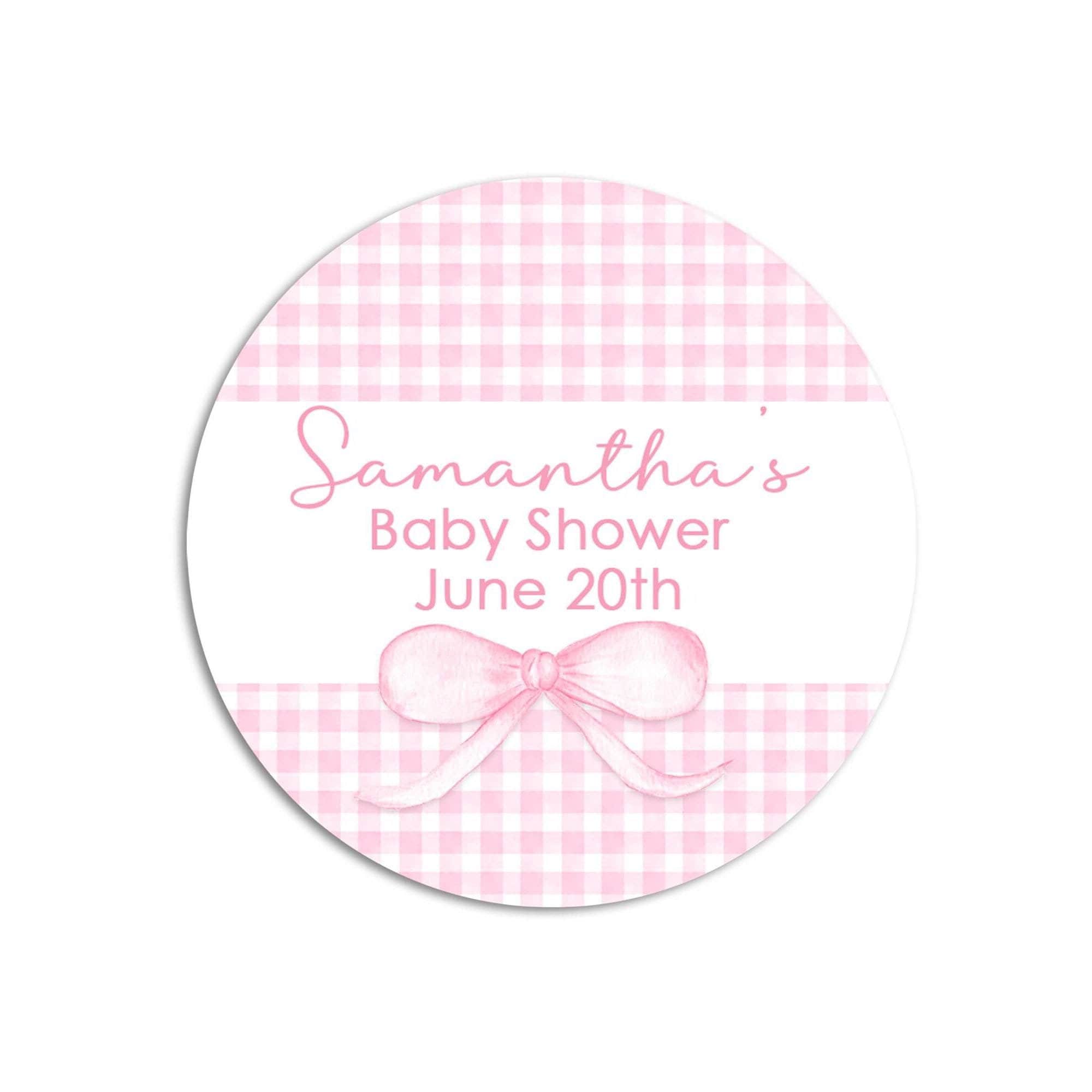 Pink Gingham Bow Girl Shower Stickers, Baby Pink Plaid Baby Shower Labels, Watercolor Round Stickers for Favors, Round Candy Labels