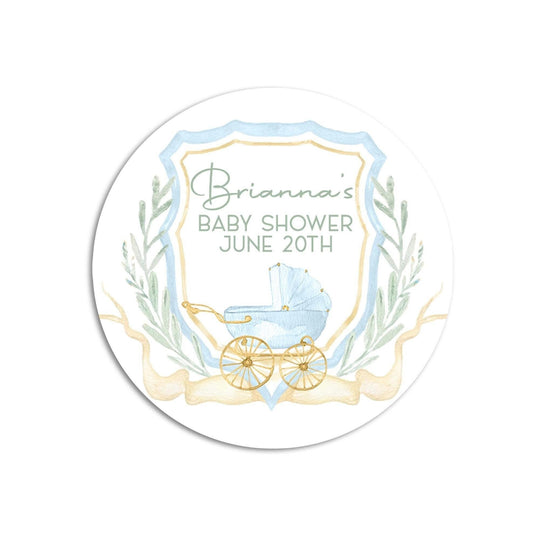 Carriage Blue Crest Baby Shower Favor Stickers, Watercolor Crest Boy Baby Shower Labels, Printed Baby Shower Thank You Stickers