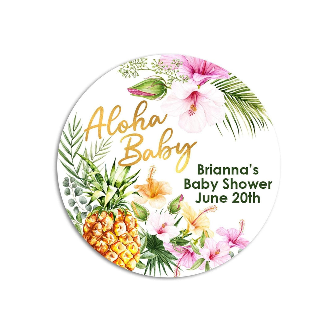 Tropical Aloha Baby Shower Favor Stickers, Hawaiian Pineapple Party Favor Labels, Printed Baby Shower Thank You Stickers
