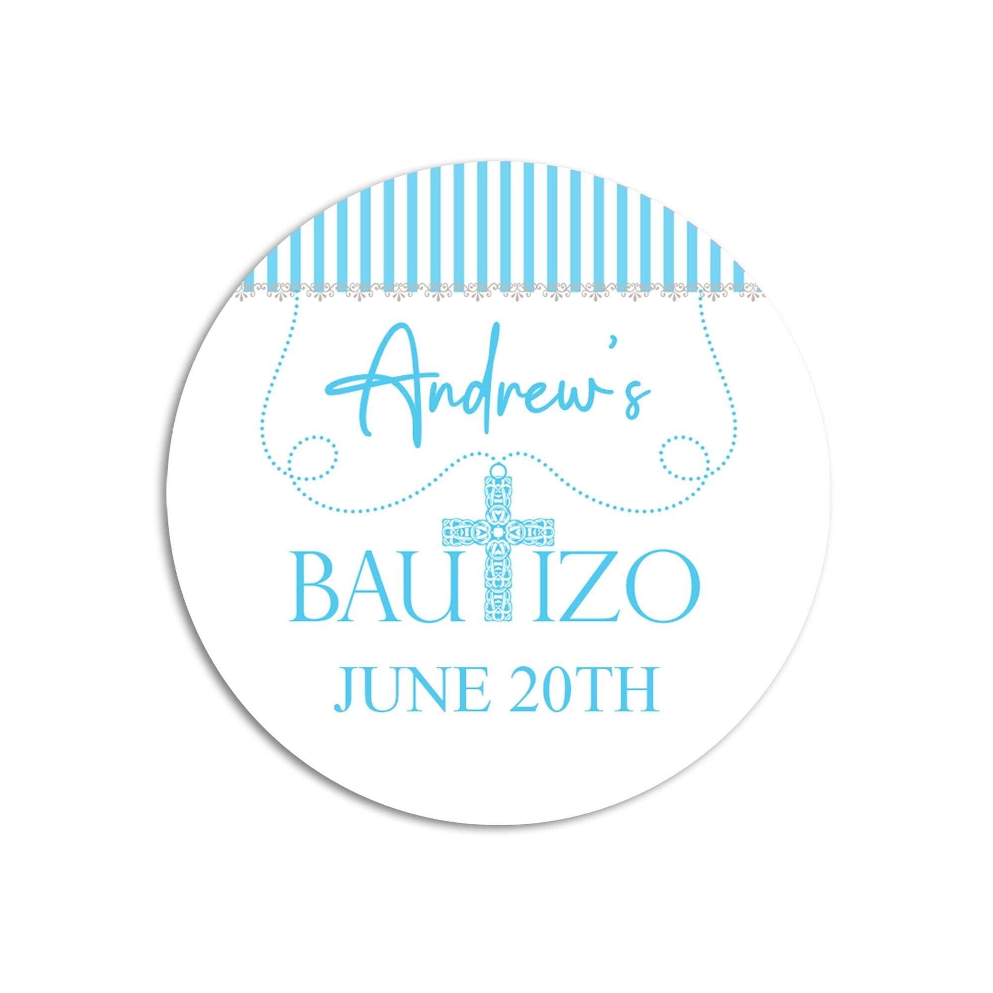 Personalized Bautizo Favor Stickers, Blue Cross Spanish Baptism