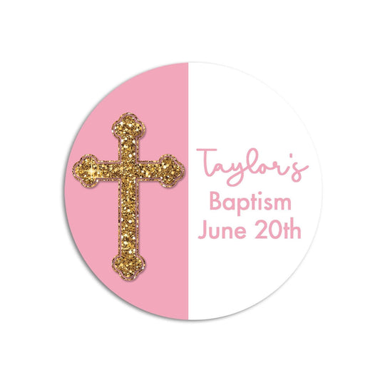 Cross Glitter Pink Baptism Stickers, Girl Baptism Favors, Religious Thank You for Coming Favors, Communion Stickers, Christening Supplies