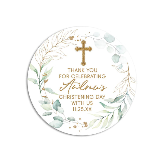 Greenery Gold Cross Baptism Stickers, Baptism Favors, Religious Thank You for Coming Favors, Communion Stickers, and Christening Supplies