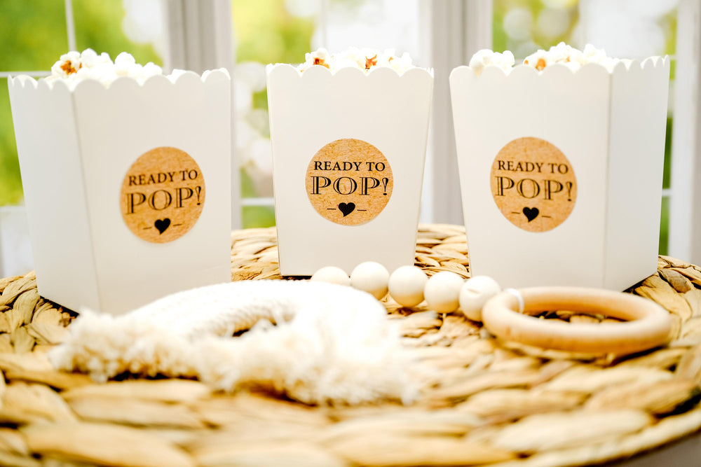 Ready To Pop Kraft Popcorn Stickers for Baby Shower, Thank You Stickers Baby Boy Shower Favors, About To Pop Party, Round Stickers for Favor