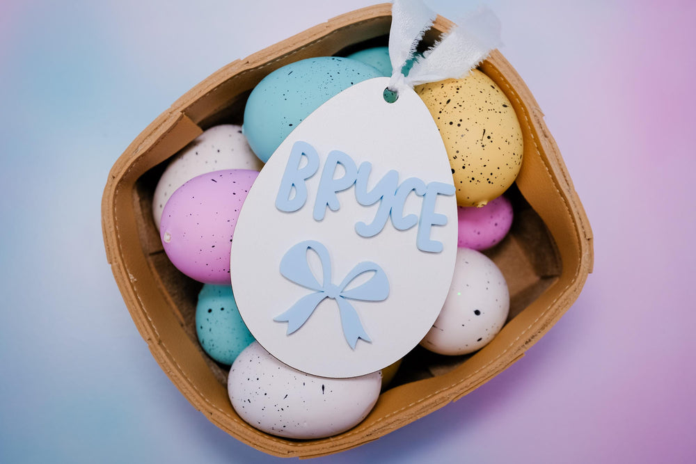 Easter Basket Blue Bow Tags, Personalized Easter Basket Tag for Boys, Custom Easter Basket Tag, Blue Bow Egg Shape Tag, Easter Spring Decor