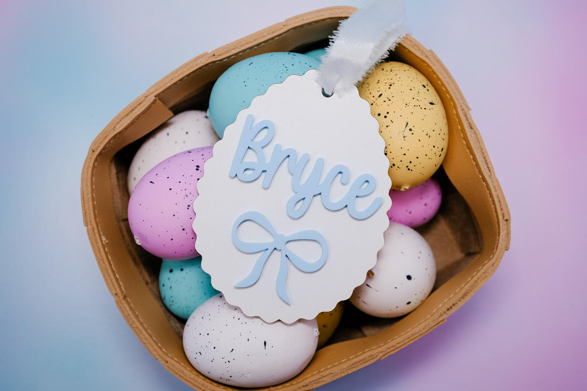 Easter Basket Blue Bow Tags, Personalized Easter Basket Tag for Boys, Custom Easter Basket Tag, Blue Bow Egg Shape Tag, Easter Spring Decor