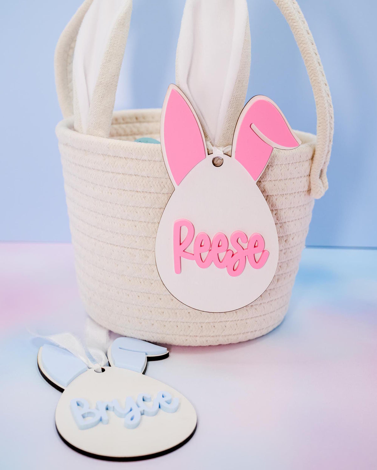 Easter Basket Tags, Personalized Easter Basket Tag, Custom Easter Basket Tag, Bunny Name Tags, Pink Bunny Ears, Easter Spring Decor
