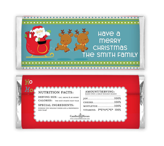 12 Santa and his Reindeer Party Christmas Candy Bar Wrappers - Personalized Custom Sweet Treat Christmas Party Favors