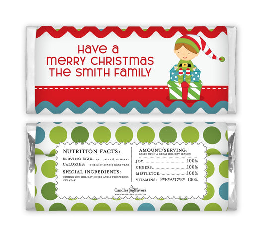 12 Santa's Little Elf Christmas Candy Bar Wrappers - Personalized Custom Sweet Treat Christmas Party Favors