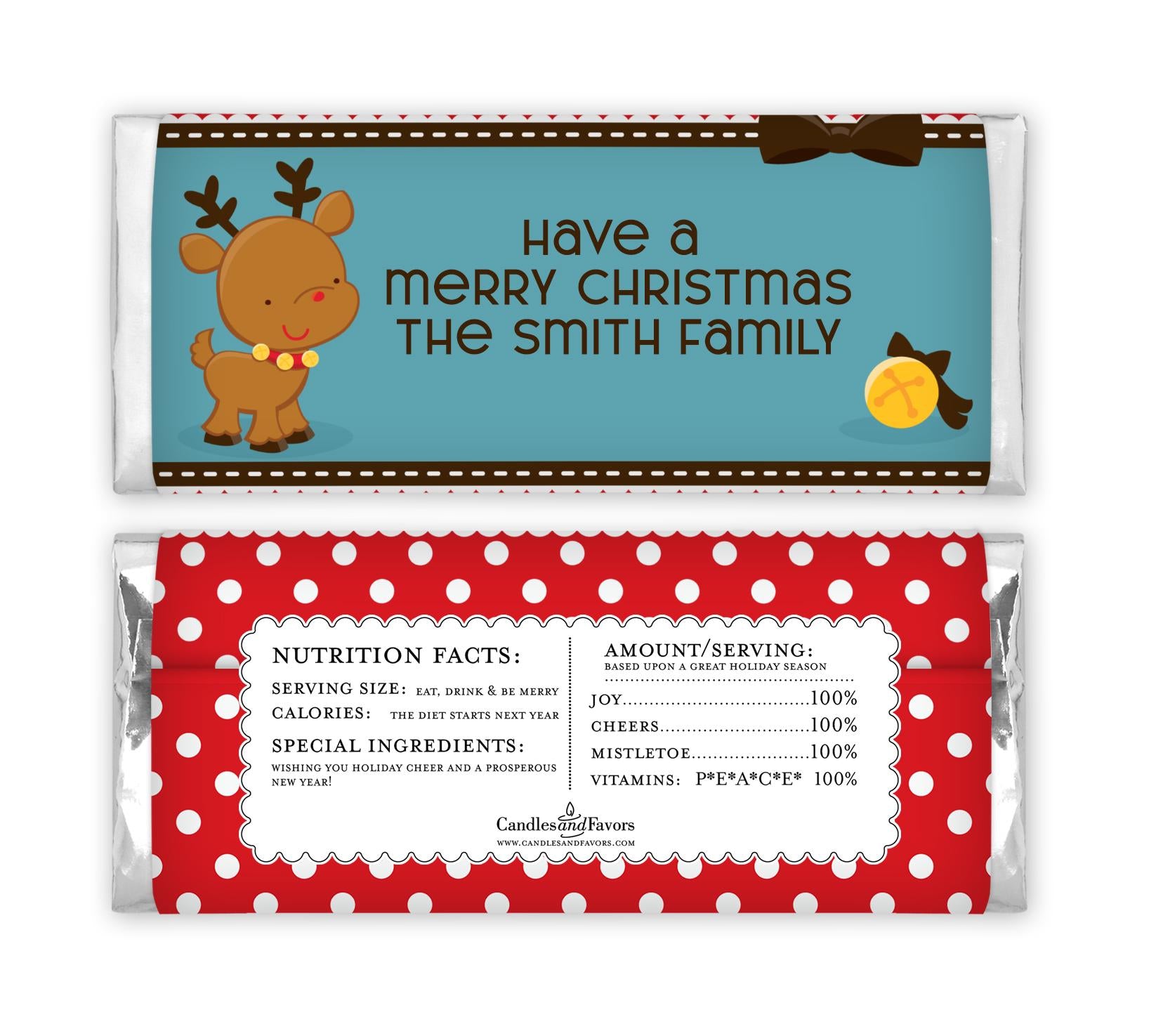 12 Red Nose Reindeer Party Christmas Candy Bar Wrappers - Personalized Custom Sweet Treat Christmas Party Favors