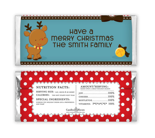 12 Red Nose Reindeer Party Christmas Candy Bar Wrappers - Personalized Custom Sweet Treat Christmas Party Favors