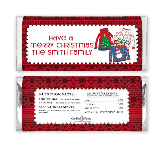 12 Ugly Sweater Christmas Candy Bar Wrappers - Personalized Custom Sweet Treat Christmas Party Favors