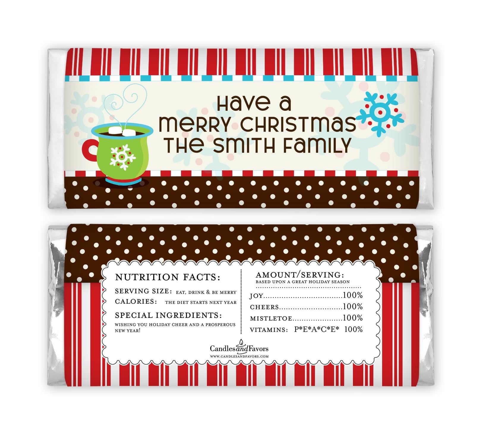 12 Hot Cocoa Party Christmas Candy Bar Wrappers - Personalized Custom Sweet Treat Christmas Party Favors