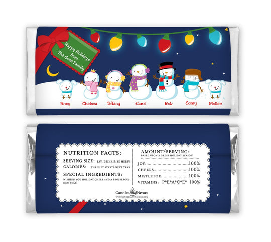 12 Design your own Snowman Family Greetings - Christmas Candy Bar Wrappers - Personalized Custom Sweet Treat Christmas Party Favors