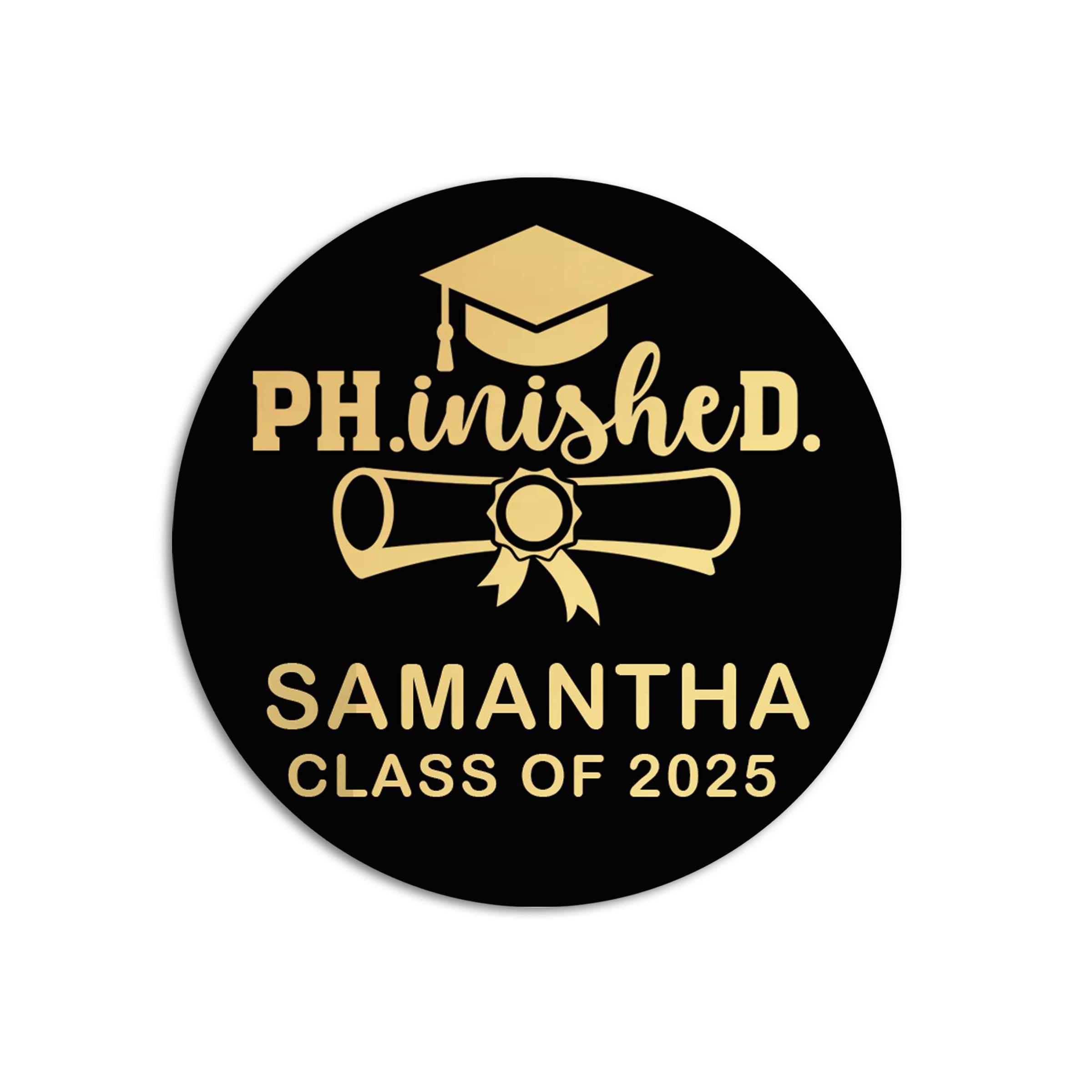 Graduation Favor Stickers PhD Degree Black & Gold Foil | Doctoral Grad Class of 2025 | Personalized Round Graduation Party Sticker Labels