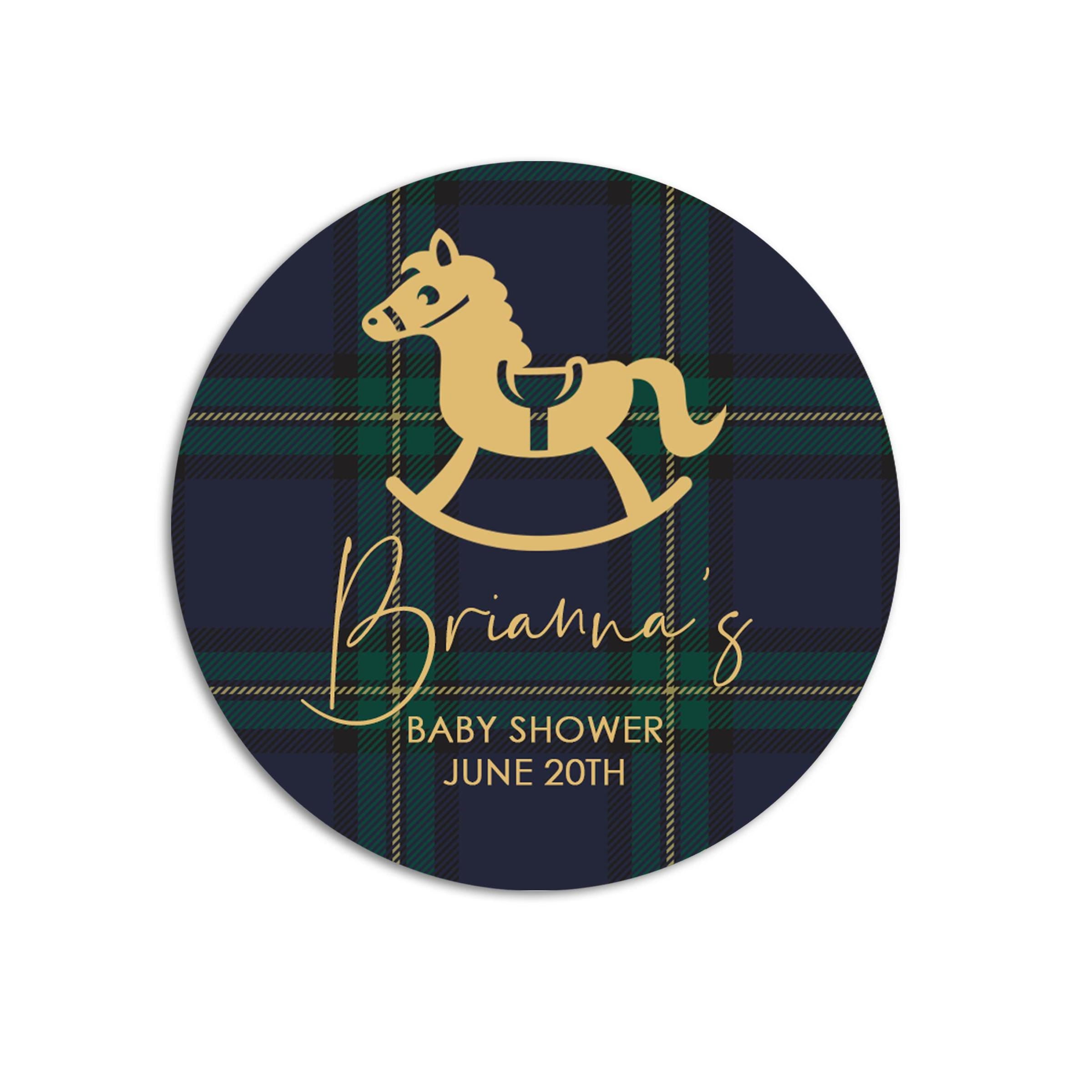 Rocking Horse Baby Shower Stickers, Blue Green Plaid Favor Stickers, Thank You Stickers Baby Shower Favors, Preppy Round Stickers for Favor