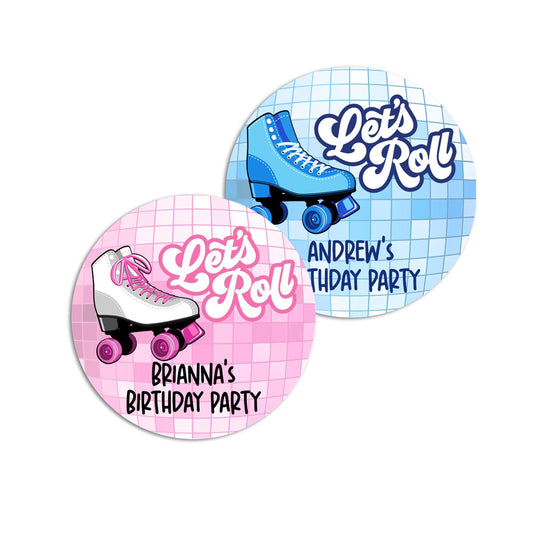 Lets Roll Skating Birthday Party Favor Stickers, Happy Birthday Labels, Custom Birthday Party Favor Labels, Personalized Round Stickers