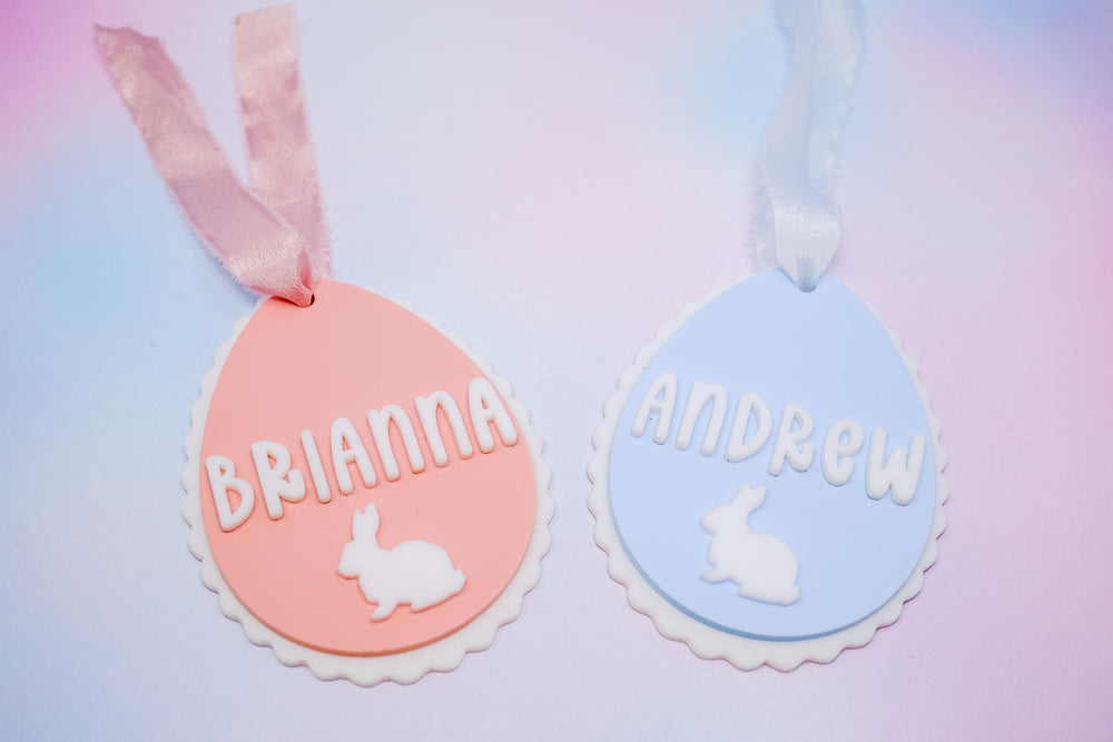 Easter Basket Tag, Egg With Bunny Scalloped Tag, Personalized Easter Basket Name Tag, Custom Easter Tag, Acrylic Bunny Tag, Pink or Blue Tag