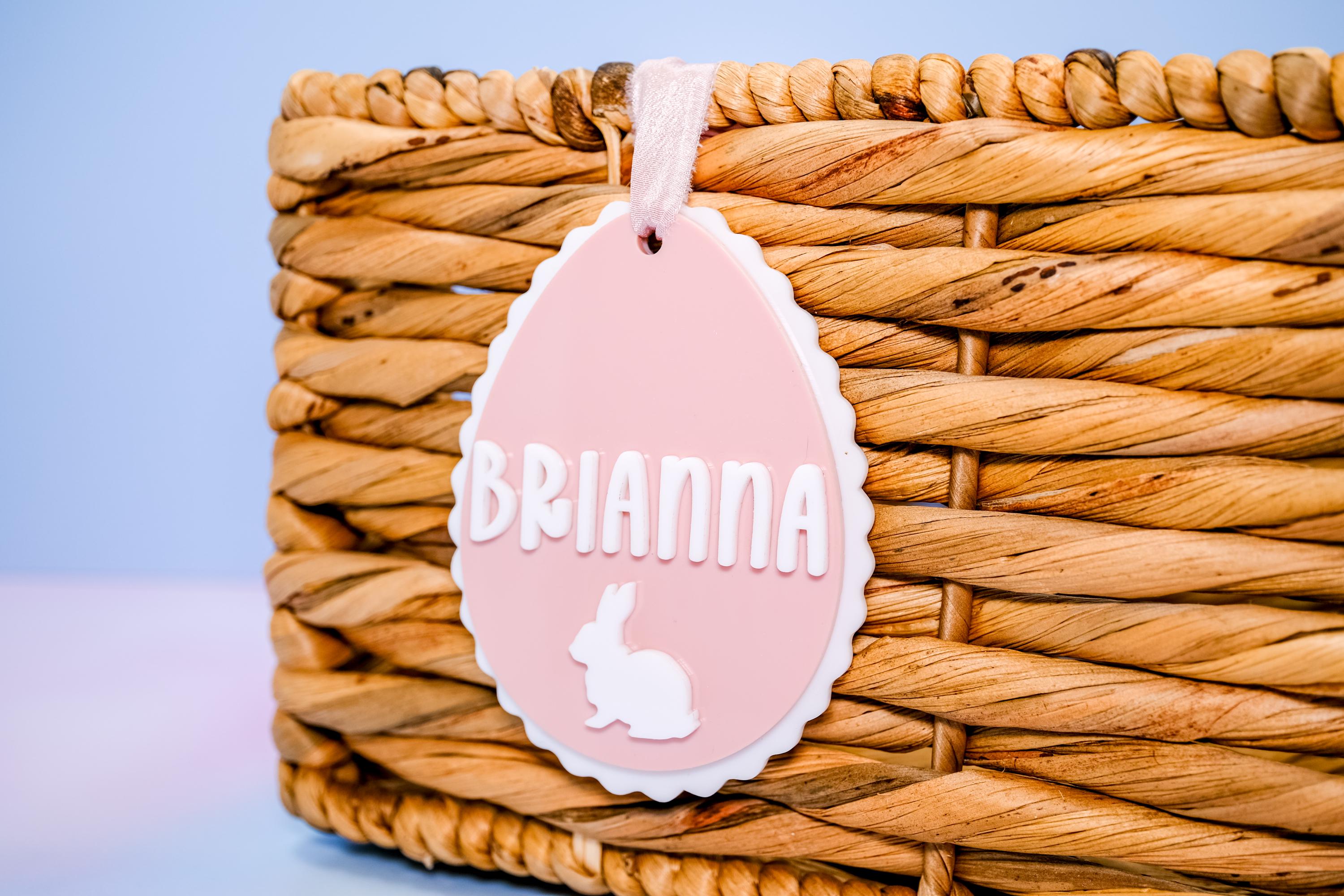 Easter Basket Tag, Egg With Bunny Scalloped Tag, Personalized Easter Basket Name Tag, Custom Easter Tag, Acrylic Bunny Tag, Pink or Blue Tag