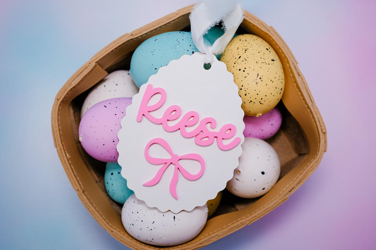 Easter Basket Pink Bow Tags, Personalized Easter Basket Tag for Girls, Custom Easter Basket Tag, Pink Bow Egg Shape Tag, Easter Spring Decor
