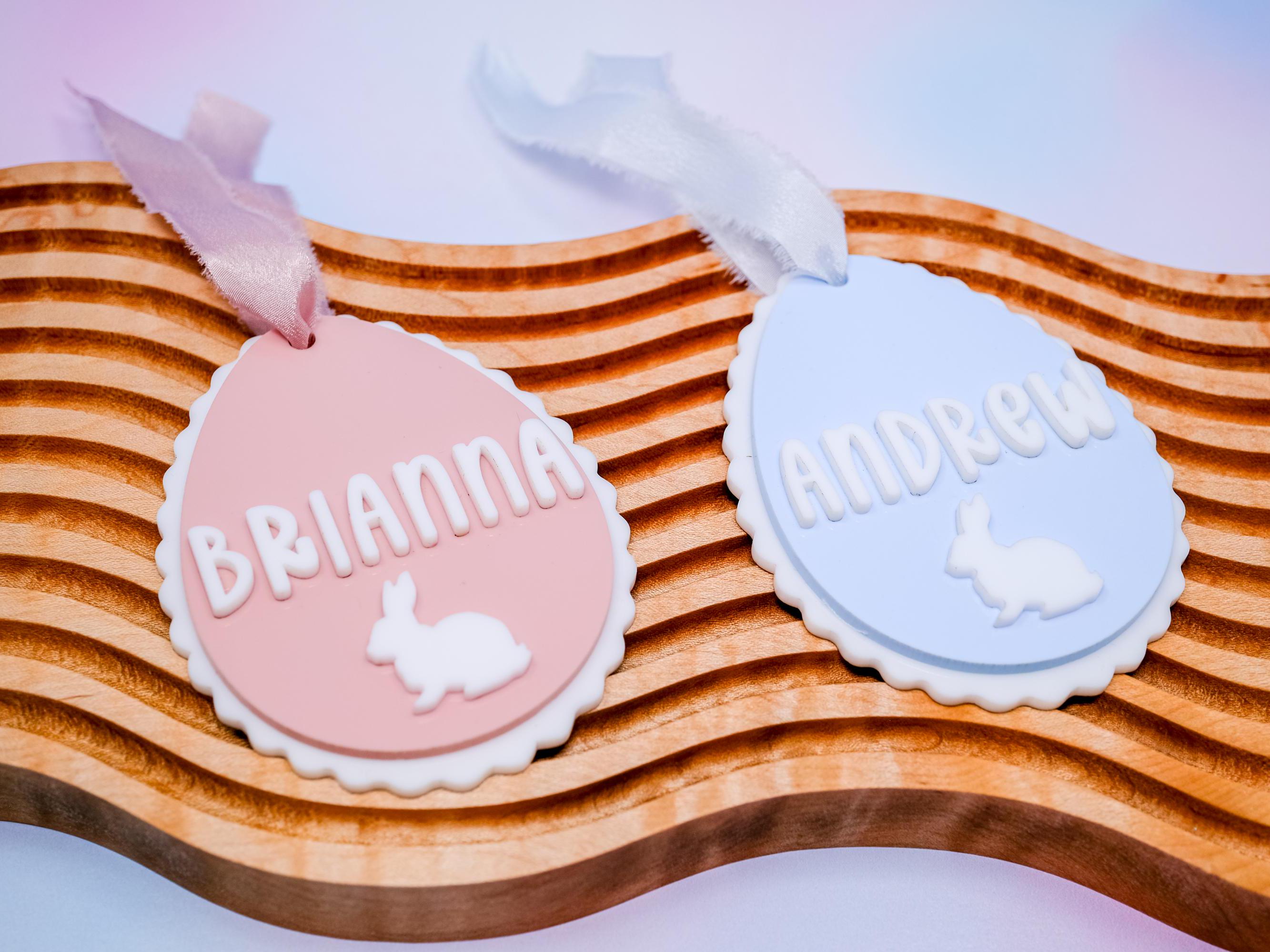 Easter Basket Tag, Egg With Bunny Scalloped Tag, Personalized Easter Basket Name Tag, Custom Easter Tag, Acrylic Bunny Tag, Pink or Blue Tag