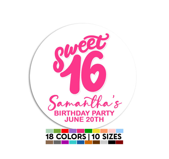 Sweet Sixteen Birthday Party Favor Stickers, 16th Birthday Labels, Happy Birthday Labels, Personalized Sweet 16 Birthday Party